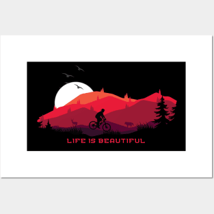 Life is Beautiful Bicycle MTB Cycling Mountain Background Sun and Birds Posters and Art